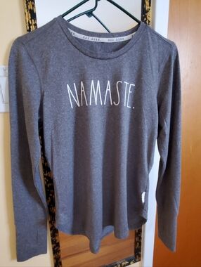 Rae Dunn Gray Long Sleeve Tee with White "NAMASTE." Text